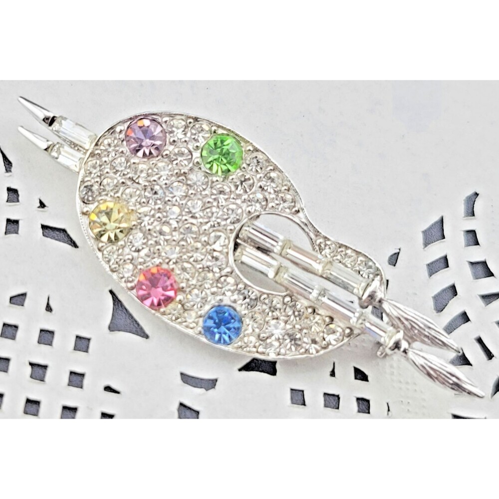 Vintage Signed Pell Rhodium Finish Rhinestone Painter Pallet Brush Brooch 2.5"
